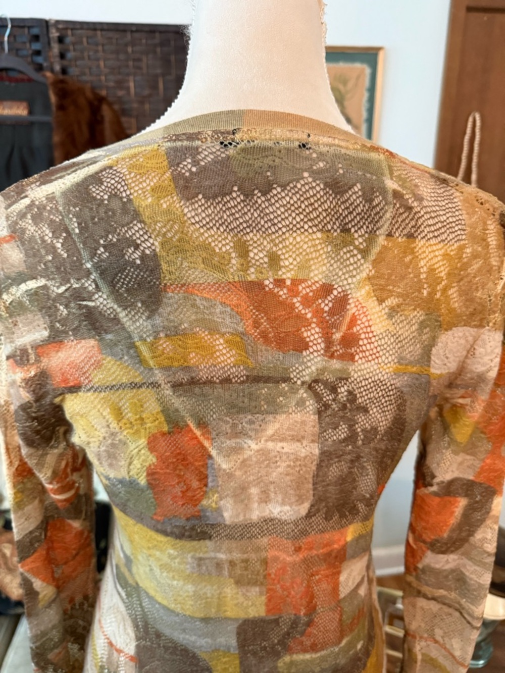 🍂✨ Vintage David Cline Embellished Mesh Top Abstract Earth Tone Y2K USA - Picture 7 of 10